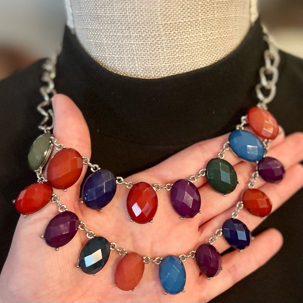 Apt 9 Multicolored Faceted Jewel Double Layer Necklace on Silver Tone Chain